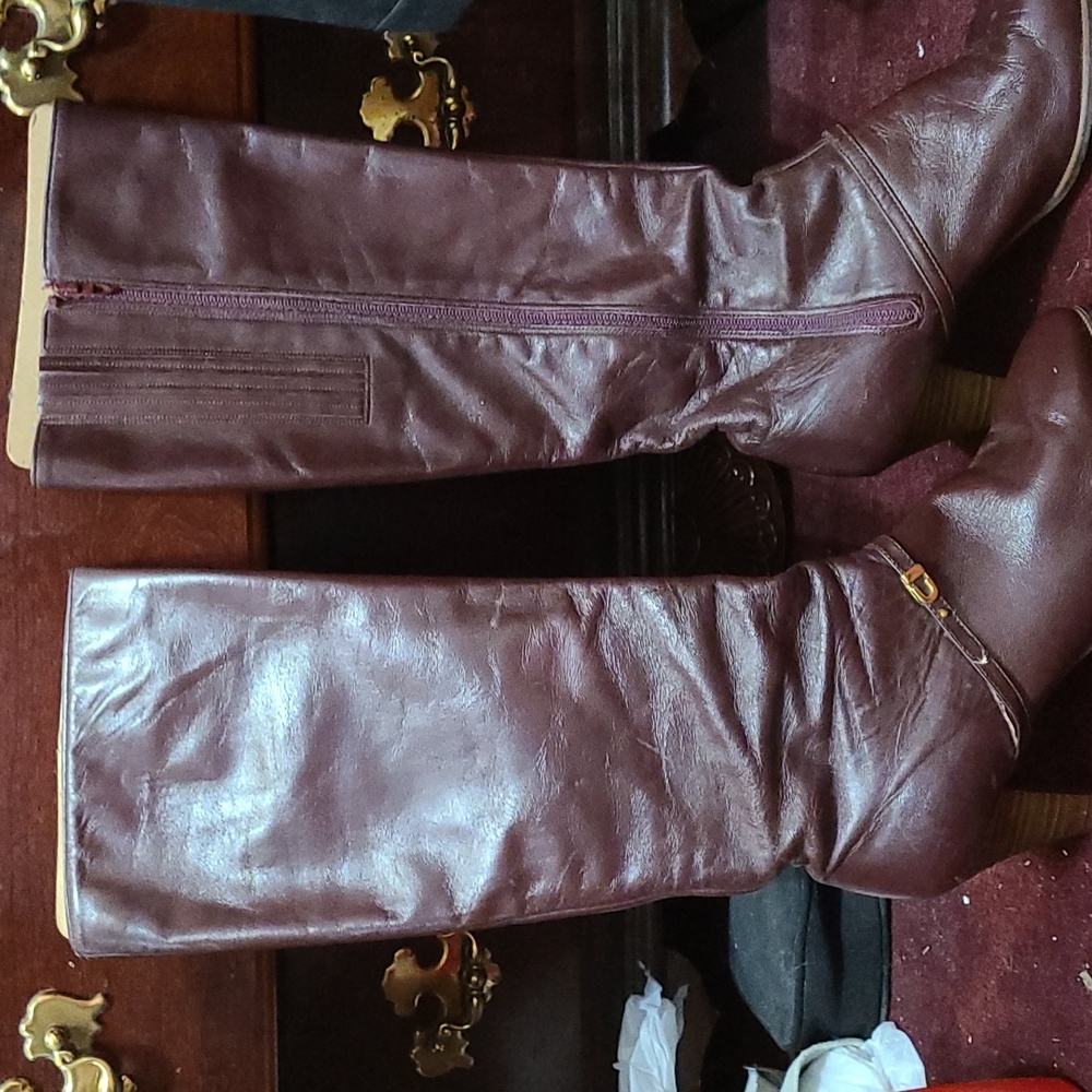 Boots, size 8 1/2m,burgundy,  just below the knee length, leather